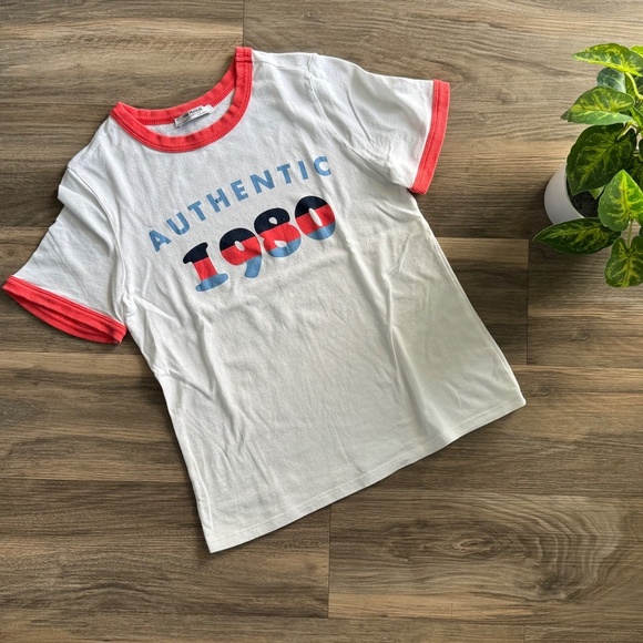Zara "Authentic 1980" Retro Ringer Tee | Red Trim Vintage Graphic T-Shirt Size S - Picture 7 of 7